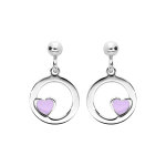 Boucles d'oreille pendantes en argent rhodi� anneau suspendu avec coeur rose et fermoir poussette