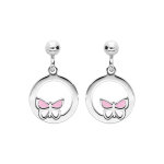 Boucles d'oreille pendantes en argent rhodi� anneau suspendu avec papillon rose et fermoir poussette