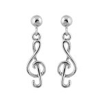Boucles d'oreilles pendantes en argent rhodi� clef de sol suspendue et fermoir poussette