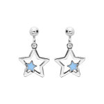 Boucles d'oreille pendantes en argent rhodié étoile suspendue avec étoile bleue et fermoir poussette Boucles d'oreille pendantes en argent rhodié étoile suspendue avec étoile bleue et fermoir poussette