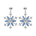 Boucles d'oreille pendantes en argent rhodi� flocon avec oxydes blancs et navette bleue et fermoir poussette ...