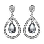 Boucles d'oreilles pendantes en argent rhodi forme goutte orne d'oxydes blancs avec perle grise suspendue ...