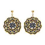 Boucles d'oreille pendantes boh�me en acier dor� perles noires er dor�es - 40mm