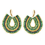 Boucles d'oreille pendantes boh�me en acier dor� perles vertes, noires et dor�es - dormeuse