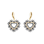 Boucles d'oreille pendantes forme coeur en acier dor� perles noires, argent�es et dor�es - dormeuse