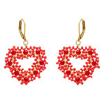 Boucles d'oreille pendantes forme coeur en acier dor� perles rouges et dor�es - dormeuse