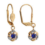 Boucles d'oreilles pendantes en plaqu or fleur suspendue avec cur bleu fonc et fermoir dormeuse