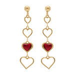 Boucles d'oreille pendante tige en argent dor� coeurs ajour�s et oxyde rouge