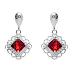 Boucles d'oreille pendante tige en argent rhodi� carr� rouge et halo d'oxydes