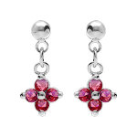 Boucles d'oreille pendantes tige en argent rhodi� motif fleur d'oxydes rouges
