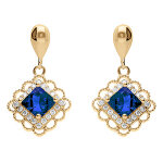 Boucles d'oreille pendante tige en vermeil carr� oxyde bleu et halo d'oxydes