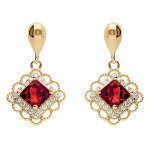 Boucles d'oreille pendante tige en vermeil carr� oxyde rouge et halo d'oxydes
