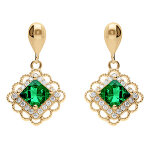 Boucles d'oreille pendante tige en vermeil carr� oxyde vert et halo d'r oxydes
