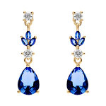 Boucles d'oreille pendante tige en vermeil motif feuille avec oxydes bleu et blanc