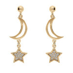 Boucles d'oreille pendantes tige en vermeil motif lune et etoile avec oxydes blancs sertis