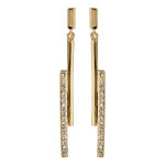 Boucles d'oreilles en plaqu� or baguettes suspendues, 1 lisse et l'autre en oxydes blancs sertis et fermoir ...
