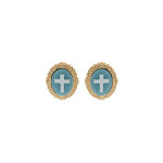 Boucles d'oreille en plaqu or came motif croix sur fond bleu et fermoir poussette