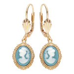 Boucles d'oreille en plaqu� or cam�e sur fond turquoise avec fermoir dormeuse