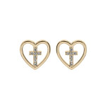 Boucles d'oreille en plaqu or coeur avec croix oxydes blancs sertis et fermoir poussette