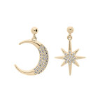 Boucles d'oreille en plaqu or lune et soleil avec oxydes blancs sertis et fermoir poussette