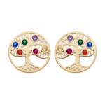 Boucles d'oreille en plaqu or ronde avec arbre de vie empierr multicolore et fermoir poussette