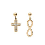 Boucles d'oreille en plaqu or symbole infini et croix avec oxydes blancs sertis et fermoir poussette ...