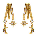 Boucles d'oreille tige en acier dor� 3 rangs avec etoile et lune orn�es d'oxydes blancs sertis - 40 + ...
