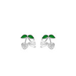 Boucles d'oreille tige argent rhodi cerise oxydes forme coeur blancs et verts