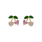 Boucles d'oreille tige en argent rhodi cerise oxydes forme coeur rose et verts