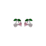 Boucles d'oreille tige argent rhodi cerise oxydes forme coeur rose et verts