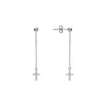 Boucles d'oreille tige en argent rhodi� cha�nette et croix avec oxydes blancs