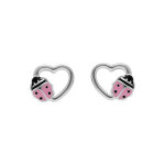 Boucles d'oreille tige en argent rhodié coeur avec coccinelle rose Boucles d'oreille tige en argent rhodié coeur avec coccinelle rose