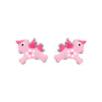 Boucles d'oreille enfant en argent rhodi licorne rose avec ailes et fermoir poussette