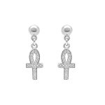 Boucles d'oreille tige en argent rhodi� pendante avec croix d'oxydes blancs 15mm x 0. 7mm