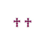 Boucles d'oreille tige argent rhodi� pendentif croix oxydes fushia