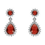 Boucles d'oreille tige en argent rhodi� pendentif goutte d'oxydes rouge et contour d'oxydes blancs sertis ...