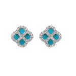 Boucles d'oreille tige en argent rhodi� tr�fle agate bleu turquoise v�ritable avec contour d'oxydes blancs ...