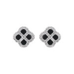 Boucles d'oreille tige en argent rhodi� tr�fle agate noir v�ritable avec contour d'oxydes blancs