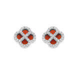 Boucles d'oreille tige en argent rhodi� tr�fle agate rouge v�ritable avec contour d'oxydes blancs