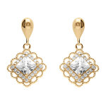 Boucles d'oreille tige pendantes en vermeil carr� d'oxyde blanc serti et contour dentel�