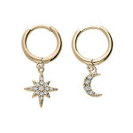 Boucles d'oreille en vermeil petite cr�oles une pampille etoile du nord et une demi lune avec oxydes ...