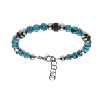 Bracelet en acier et boules labradorite teint� bleu turquoise avec cylindre granit� noir 19 + 2cm