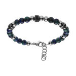 Bracelet en acier et boules labradorite teint� bleu vert avec cylindre granit� noir 19 + 3cm