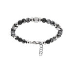 Bracelet acier et boules labradorite teint� grises avec cylindre granit� r�glable 19 � 21cm