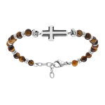 Bracelet en acier boules marron avec croix 20mm en pvd noir - 19 + 2cm