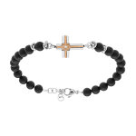 Bracelet en acier boules noires avec croix 20mmorn� d'un oxyde blanc serti - 19 + 2cm
