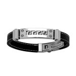 Bracelet en acier et caoutchouc avec 2 coutures blanches et plaque décorée de méandres grecs au milieu ... Bracelet en acier et caoutchouc avec 2 coutures blanches et plaque décorée de méandres grecs au milieu ...