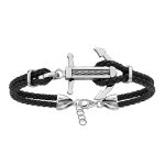 Bracelet en acier cordon en cuir noir doublé avec ancre marine ornée d'un câble gris au milieu - longueur ... Bracelet en acier cordon en cuir noir doublé avec ancre marine ornée d'un câble gris au milieu - longueur ...