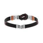 Bracelet en acier et cordon de cuir noir noeud central avec cordon orange 20, 5cm + 1, 5cm double fermoir ... Bracelet en acier et cordon de cuir noir noeud central avec cordon orange 20, 5cm + 1, 5cm double fermoir ...