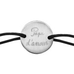 Bracelet en acier cordon noir coulissant avec plaque ronde grave  papa d'amour  au milieu